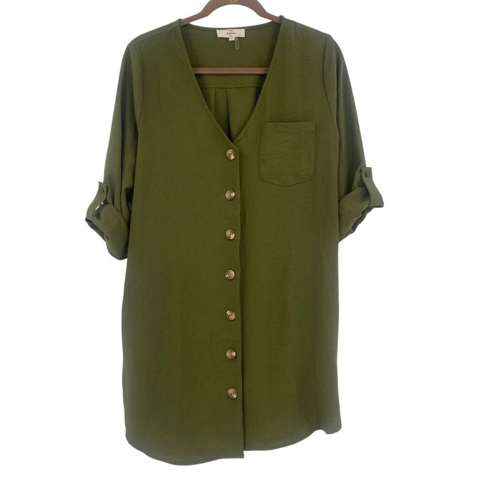 Entro Size M Olive Green Full Button Front Tunic Dress Roll Tab Sleeves Pockets